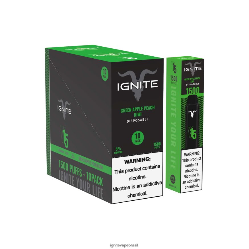 IGNITE V15 caneta vape pacote com 10 - IGNITE Vape Brasil 46LBN4101 maçã verde pêssego kiwi