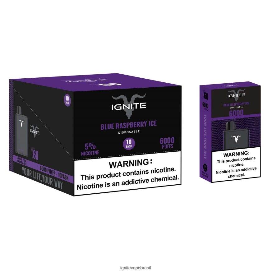 IGNITE V60 caneta vape pacote com 10 - Vape IGNITE Nicotina 46LBN415 gelo de framboesa azul