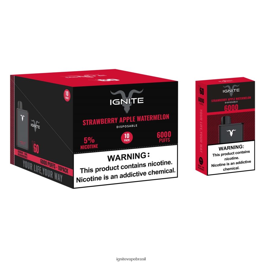 IGNITE V60 caneta vape pacote com 10 - Vape IGNITE Nicotina 46LBN425 melancia, maçã, morango