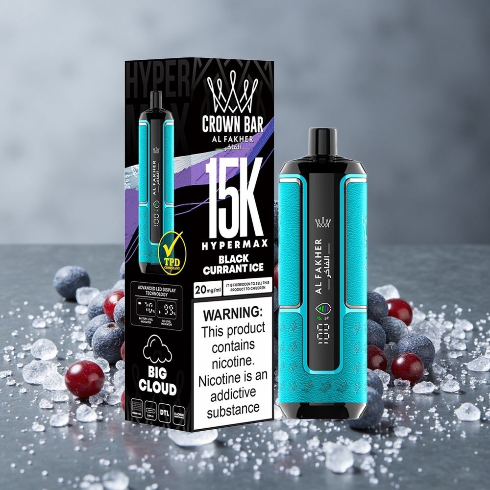 Al Fakher Crown Bar 15K Hypermax Vape Descartável Kit Groselha Negra Gelo com 15000 Puffs e Carregamento Tipo-C Brazil vape wholesale